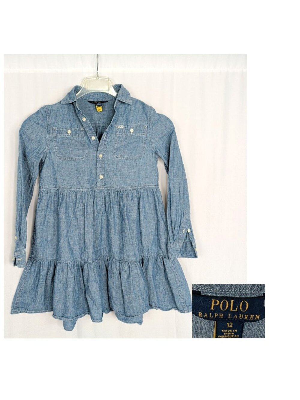 Ralph Lauren Chambray Dress 12 Large Girls Long Sleeve